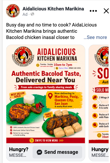 AidaLicious messaging carousel advertisement featuring its main chicken inasal offer
