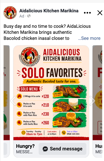 AidaLicious messaging carousel advertisement showing solo meal options and prices