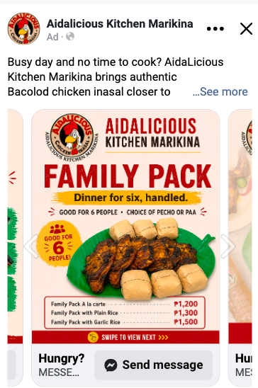 AidaLicious messaging carousel advertisement showing its family pack offer
