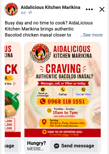 AidaLicious messaging carousel advertisement showing contact details and delivery areas