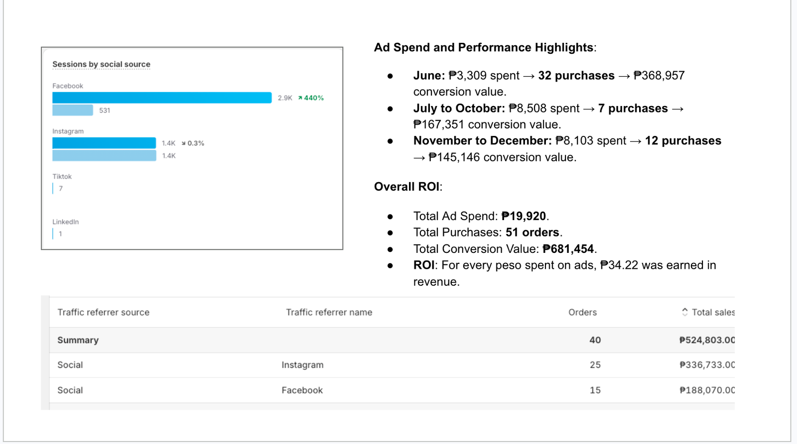 Mr. Cochinillo advertising report with spend, purchases, conversion value, and social traffic sources