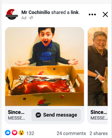 Mr. Cochinillo carousel advertisement featuring a customer reacting to a boxed cochinillo