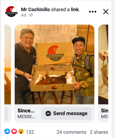 Mr. Cochinillo carousel advertisement featuring customers holding a boxed cochinillo