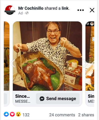 Mr. Cochinillo carousel advertisement featuring a customer serving a whole roasted cochinillo