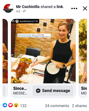 Mr. Cochinillo carousel advertisement featuring a diner with a whole roasted cochinillo