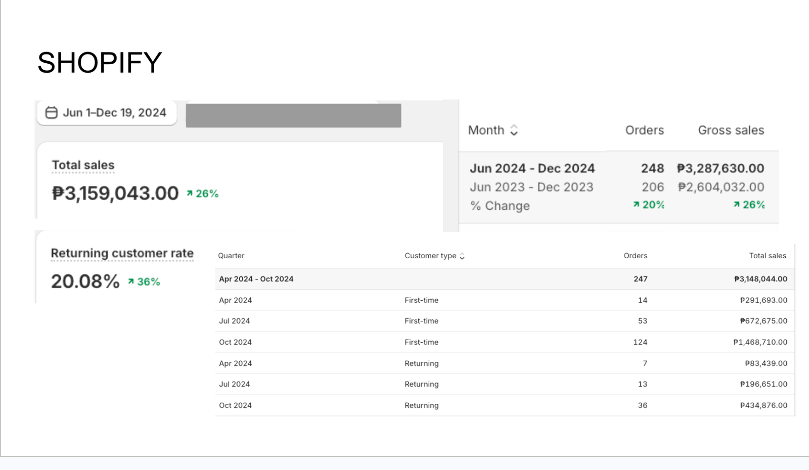 Mr. Cochinillo Shopify performance overview for June through December 2024